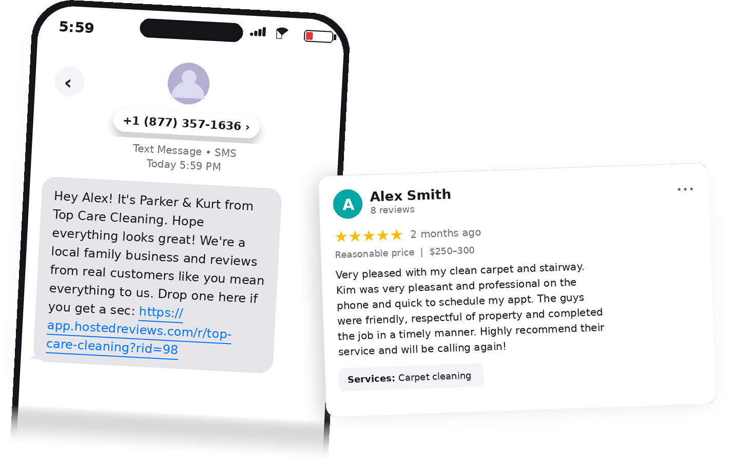 A customer receives an SMS review request from Top Care Cleaning, then leaves a 5-star Google review.